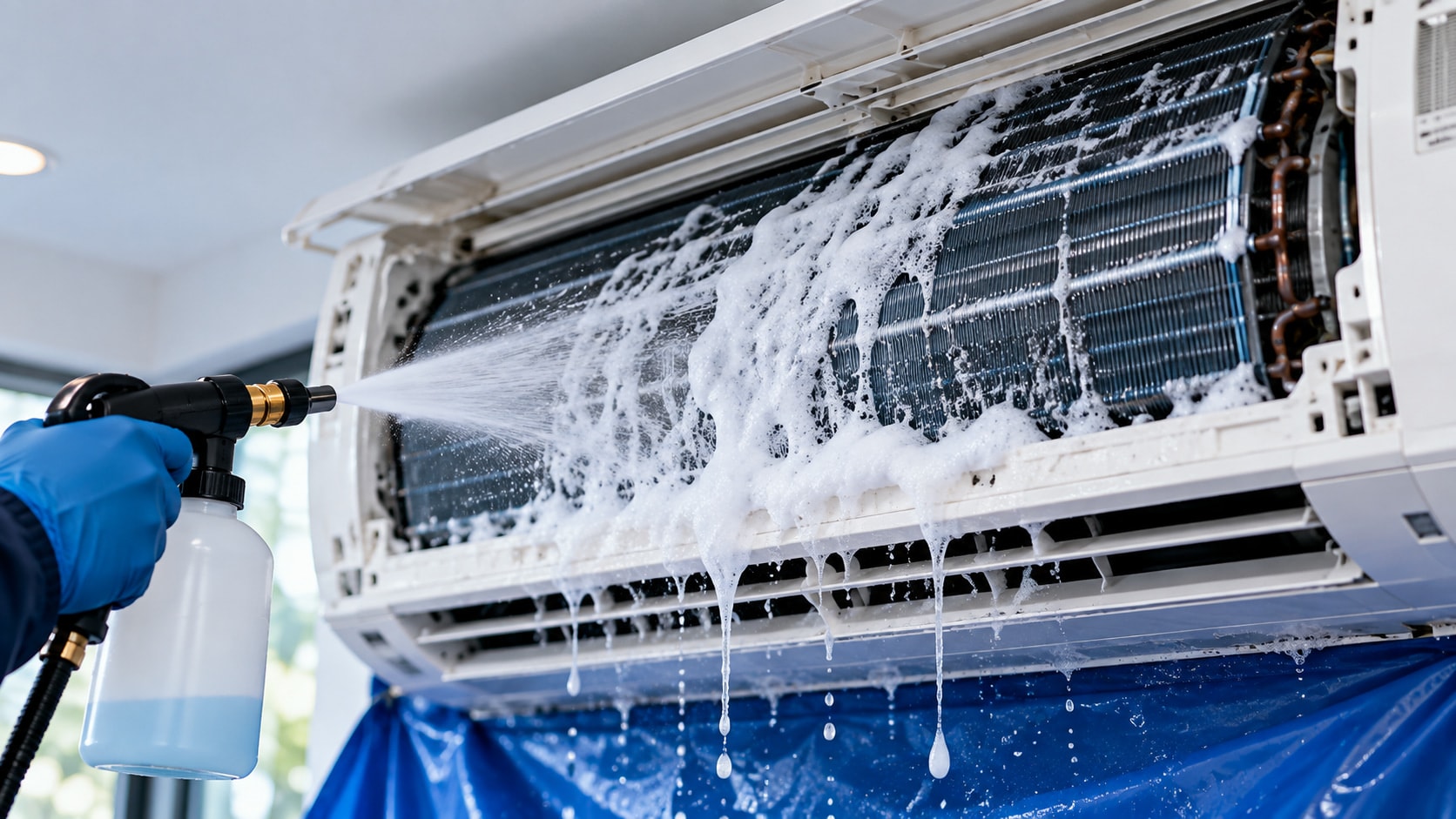 Technician spraying cleaning foam into the coil of an opened wall-mounted aircon