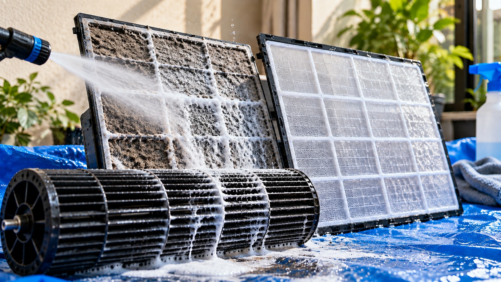 Aircon filters and blower wheel being washed, a dirty filter beside a clean one