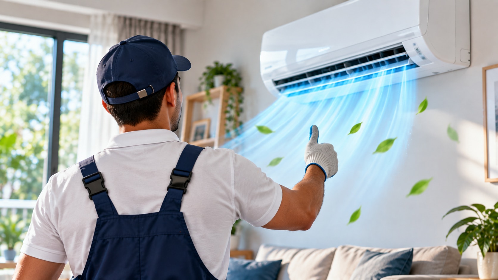 Technician giving a thumbs up beside a freshly serviced aircon