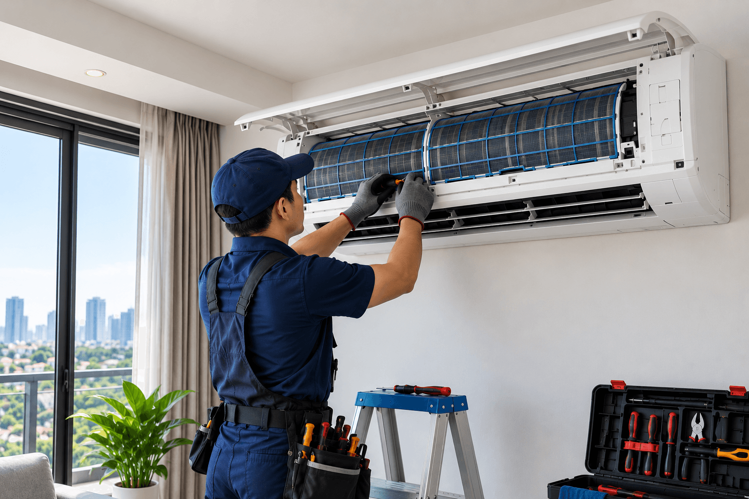 Aircon technician checking refrigerant pressure on an outdoor unit